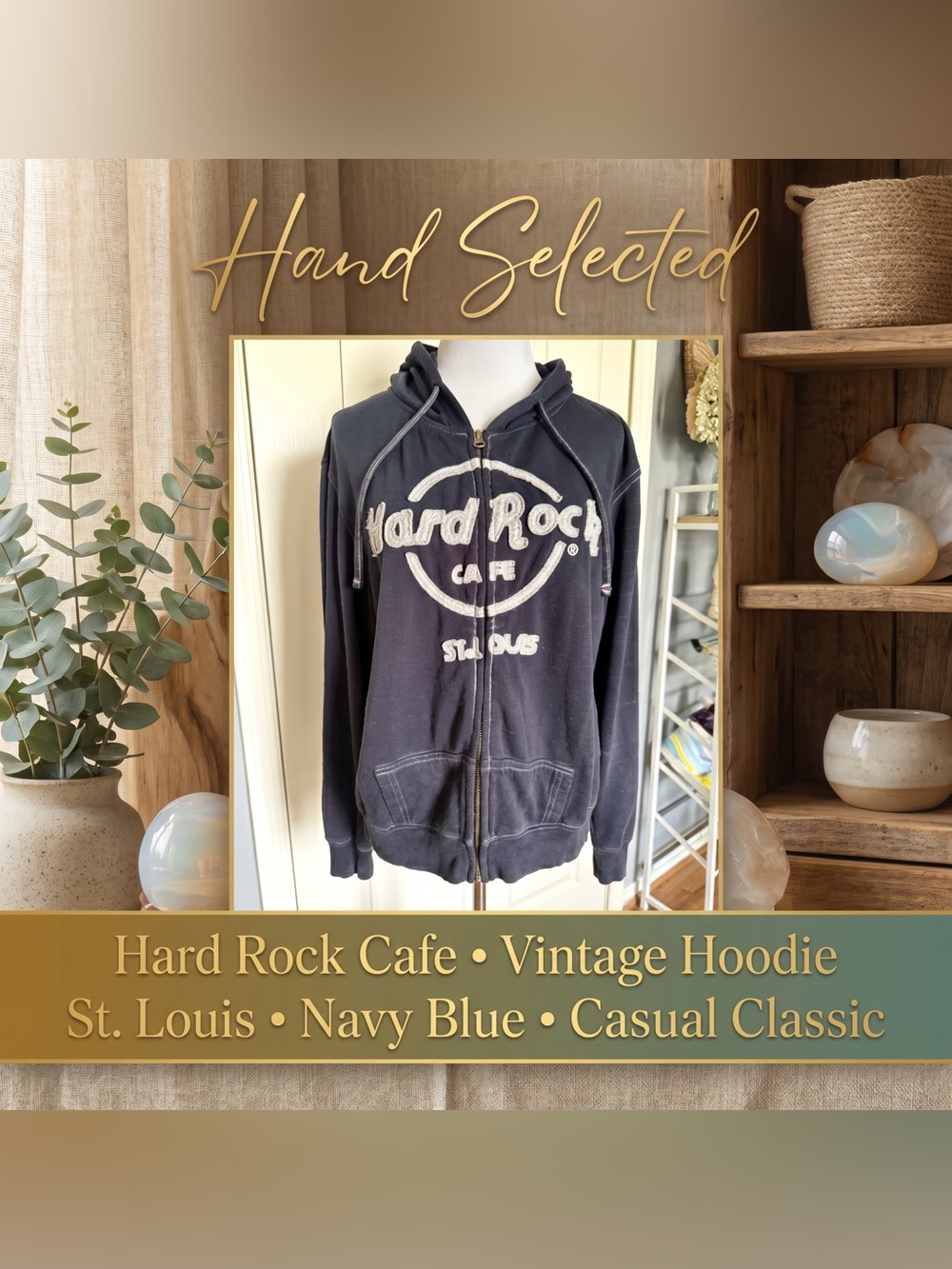 Hard Rock Cafe St Louis Zip Hoodie Navy Chenille Logo Y2K Eclectic Grandpa M
